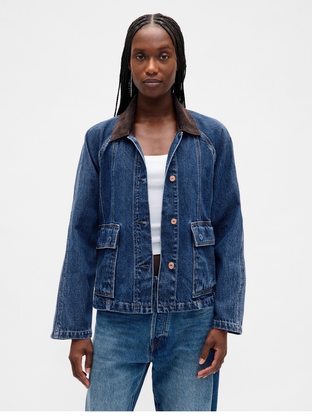 GAP Blue Denim Jacket with Brown Contrast Collar